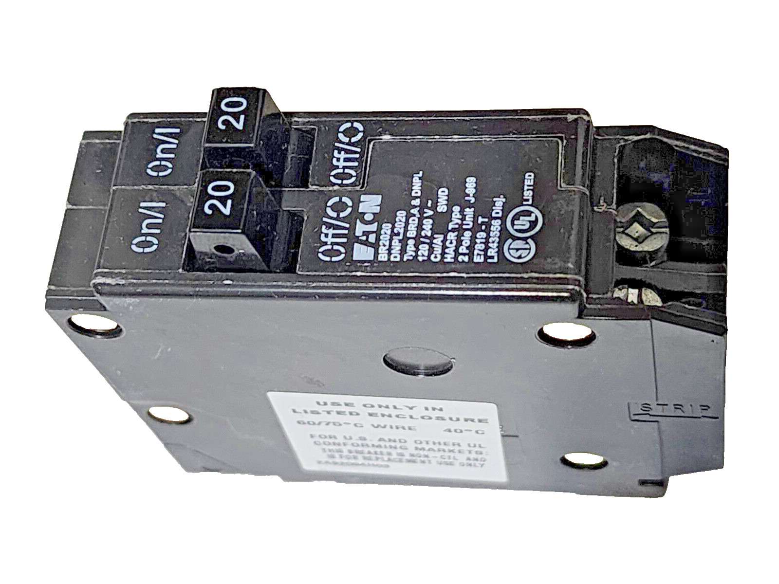 EATON BR2020, 2 Pole 20/20 Amp, 120/240Vac Plug-In, Type BRD & A Circuit Breaker
