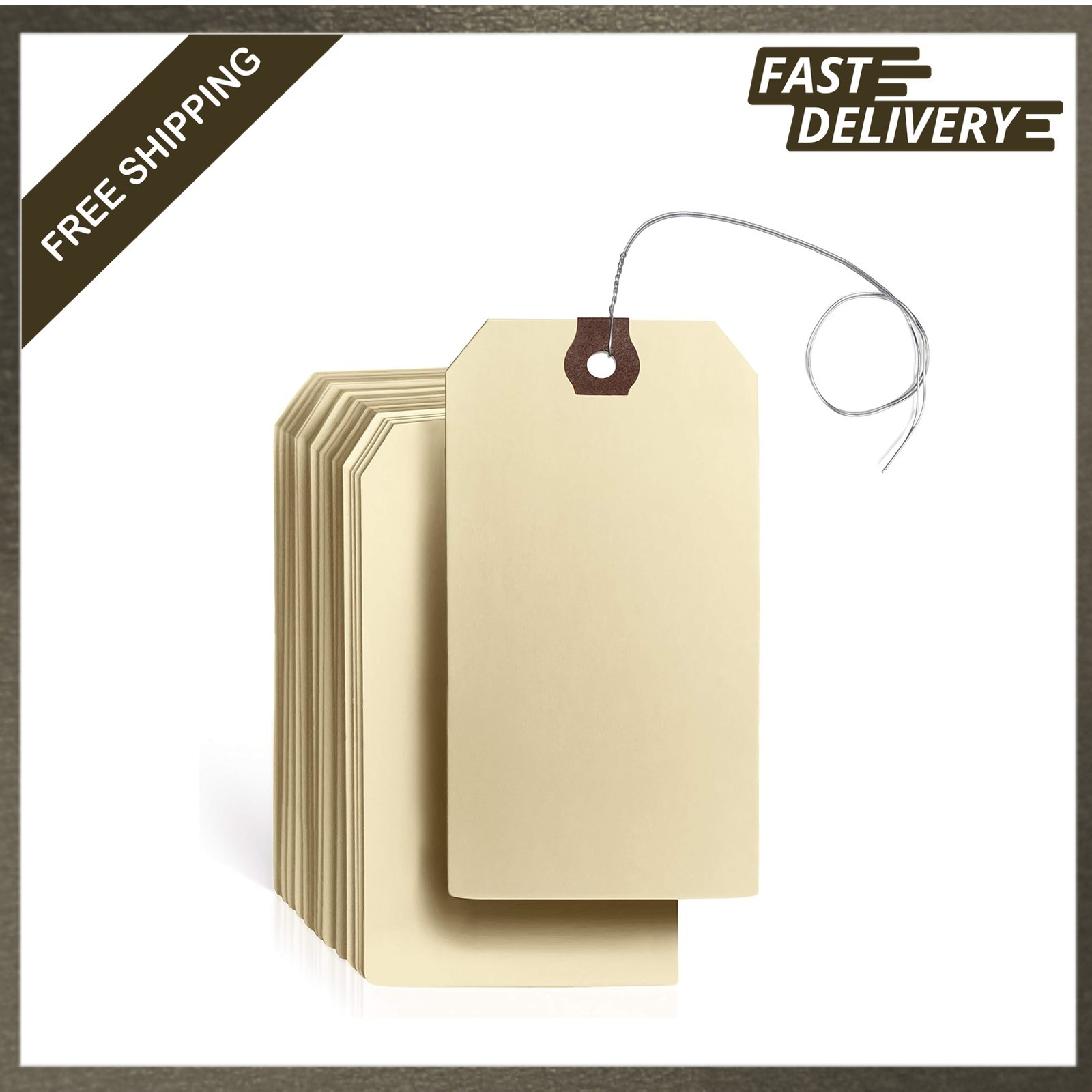 Shipping Tags with Wires Pre Attached, Manila Card Stock 4.75 x 2.375 Inches