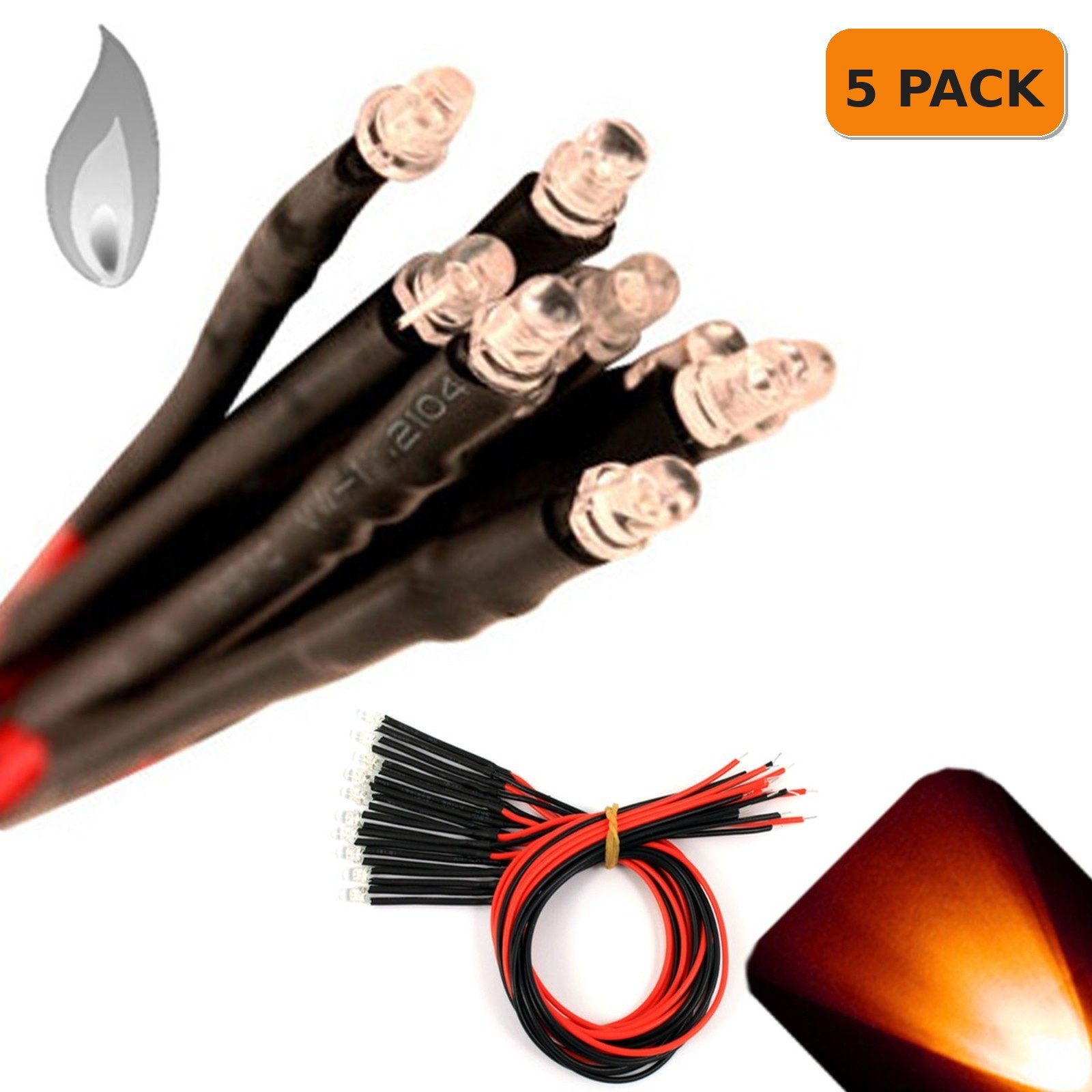 5 x 12v 3mm Pre Wired Flickering Orange LED Candle Flicker Prewired