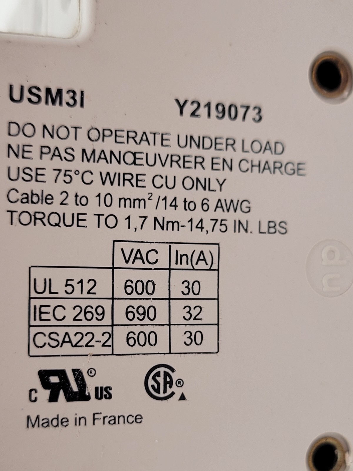 Ferraz Shawmut USM3I Y219073 Ultrasafe Fuse Holder 30/32 Amp 600 Volt AC 3 Pole