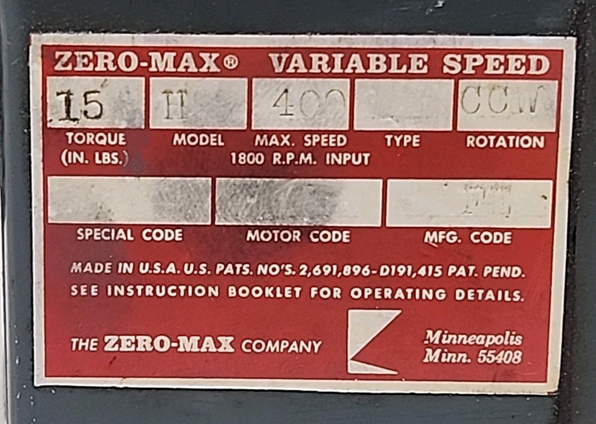 Zero-Max H CCW 15in-lbs 0-400 RPM Variable Speed Reducer 3/8″ Shafts