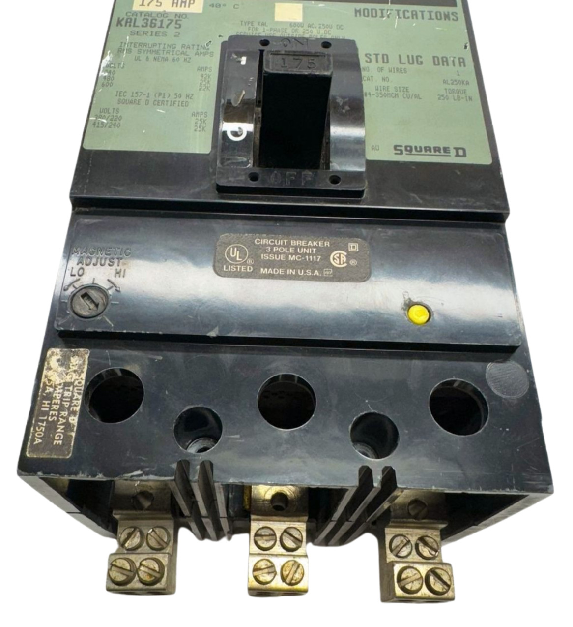 Square D KAL36175 Molded Case Circuit Breaker, 3-Pole, 175A, 600VAC, 250VDC