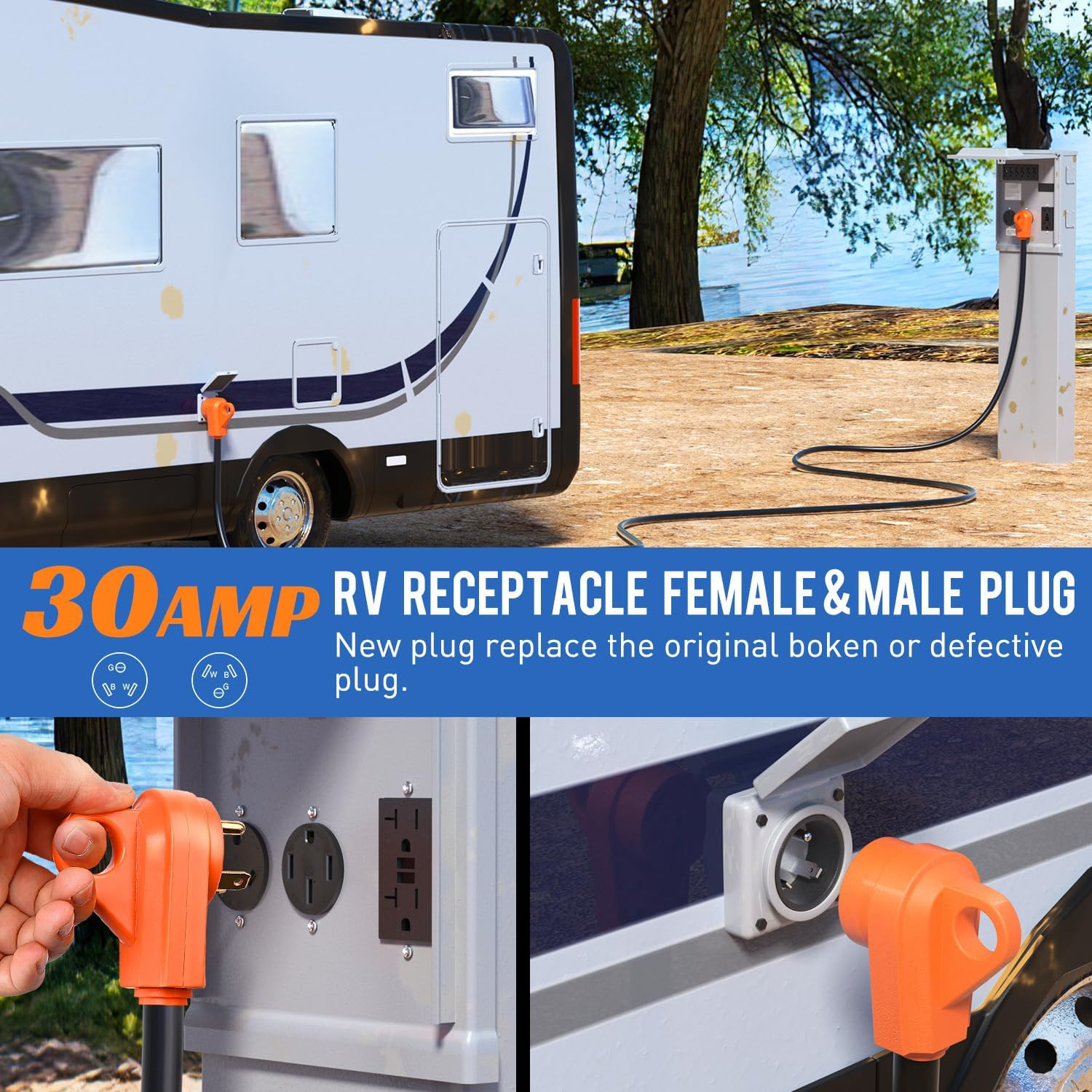 30 Amp RV Male and Female Plugset TT-30P Plug TT-30R Receptable 125 Volt Heavy D
