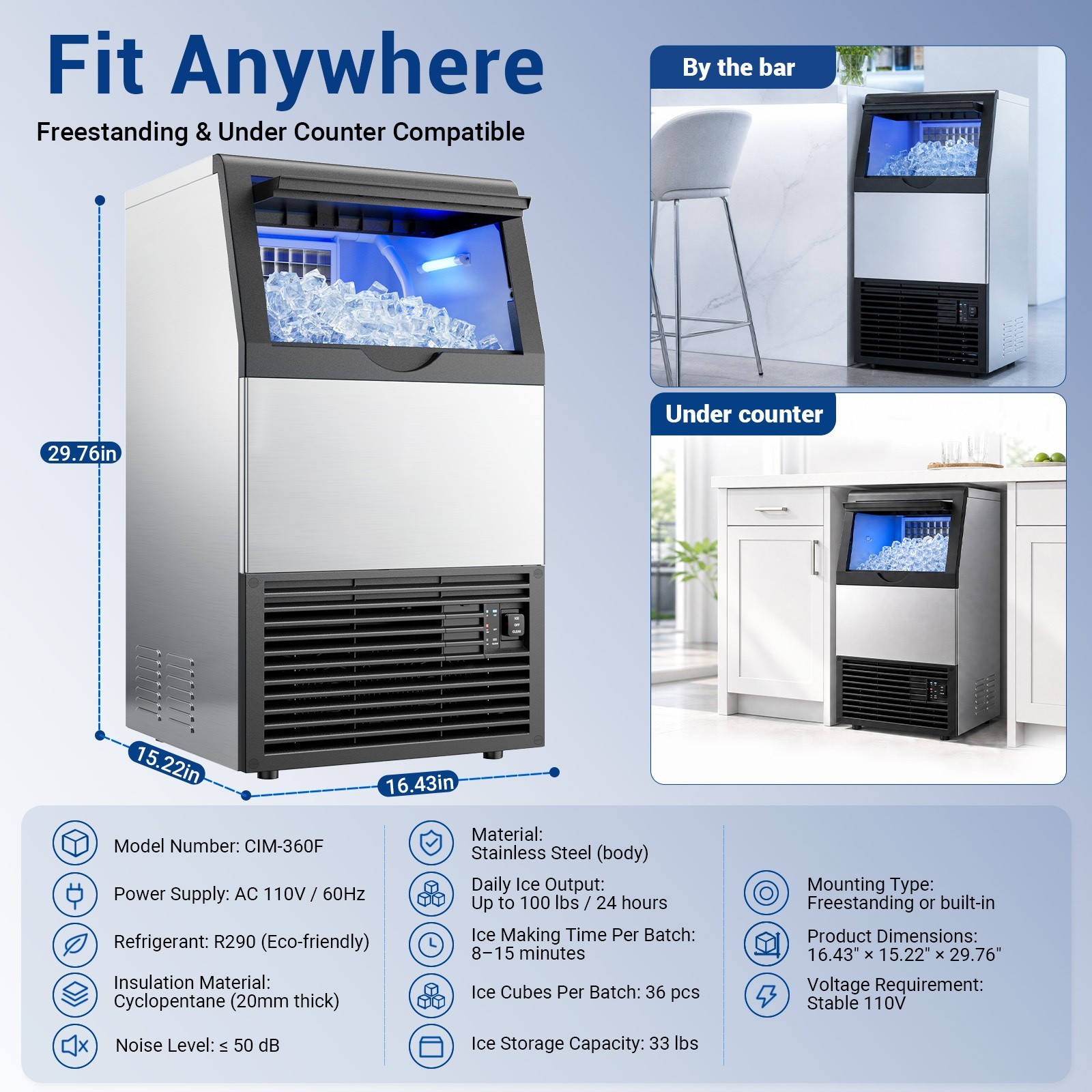Commercial Ice Machine, ice production capacity 100 lbs, ice storage capacity 30
