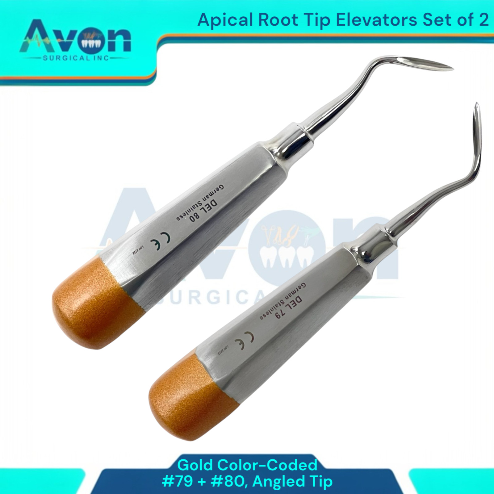 Left & Right Angled Apical Root Extraction Elevator Picks #79 + #80, Gold (2Pk)