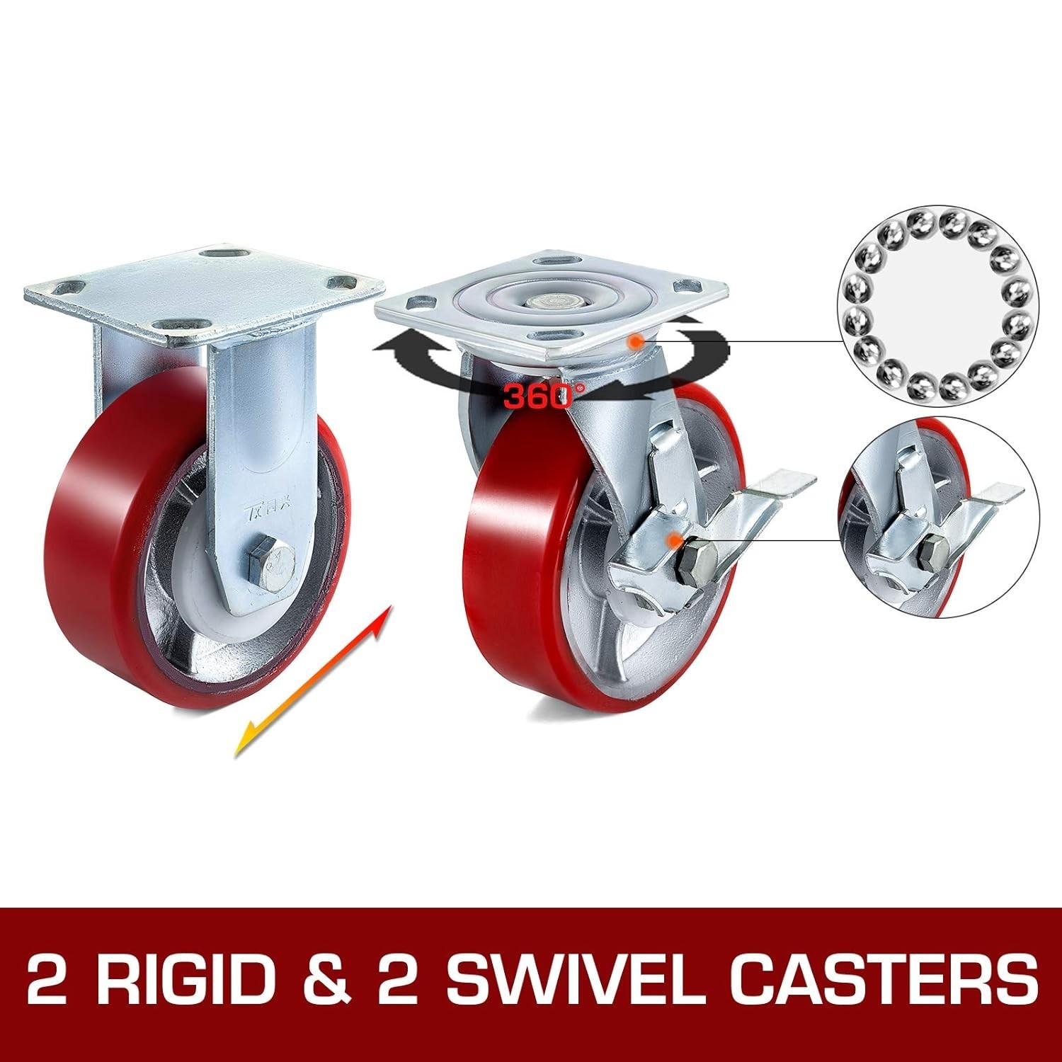 4-Pack 6″ Casters – 2 Rigid & 2 Swivel with Side Brake, 4000lbs Capacity
