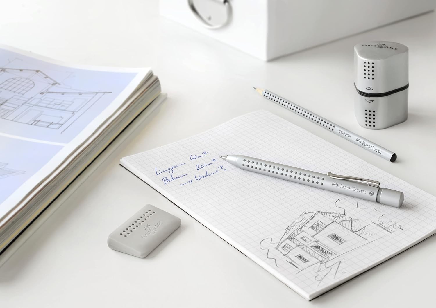Trio Sharpener Box Grip 2001 – Hand-Powered Ergonomic Pencil Sharpener in Silver