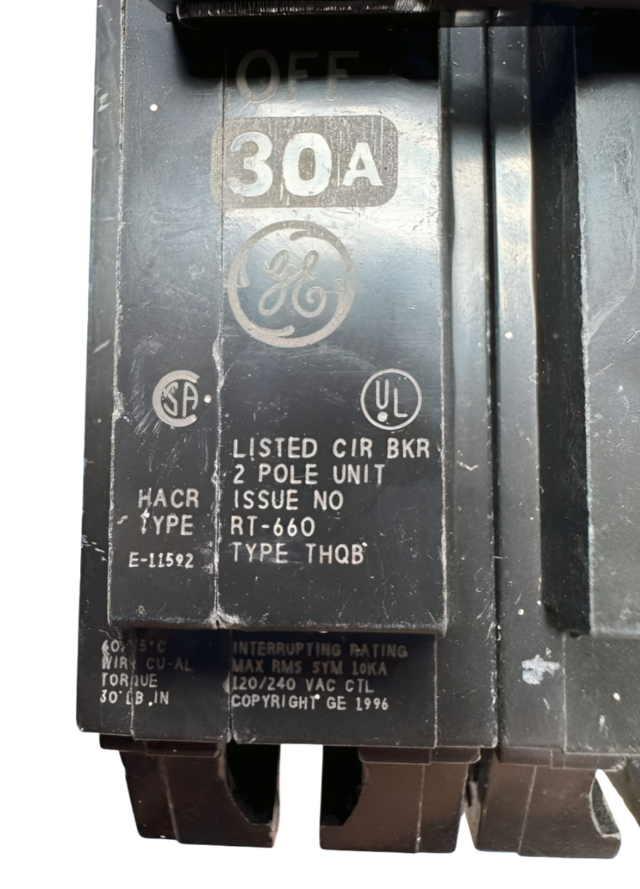General Electric THQB2130 Circuit Breaker, 2-Pole, 30A, 120/240VAC, *Chipped*
