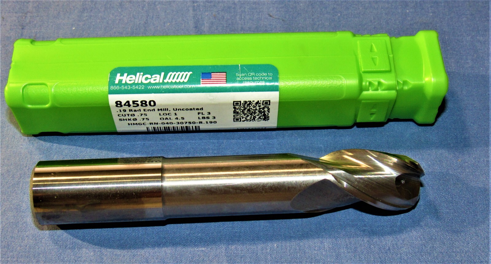 HELICAL Carbide End Mill 3/4 dia. 3 flute 1 ” LOC 0.190″ CR 3 ” Reach 4-1/2 OLA