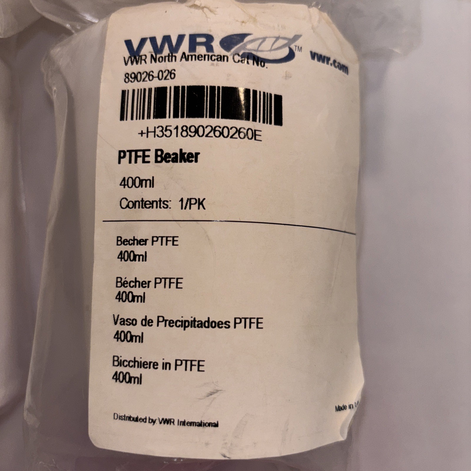 4 Brand New VWR PTFE Teflon Beakers 2-1000ml, 1-600ml, 1-400ml