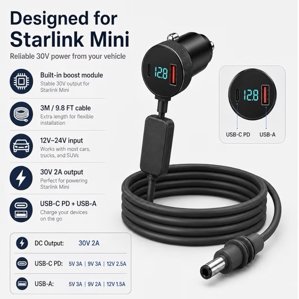 Starlink Mini Car Charger Power Adapter 12V/24V to 30V DC + USB-C PD 10FT Cable