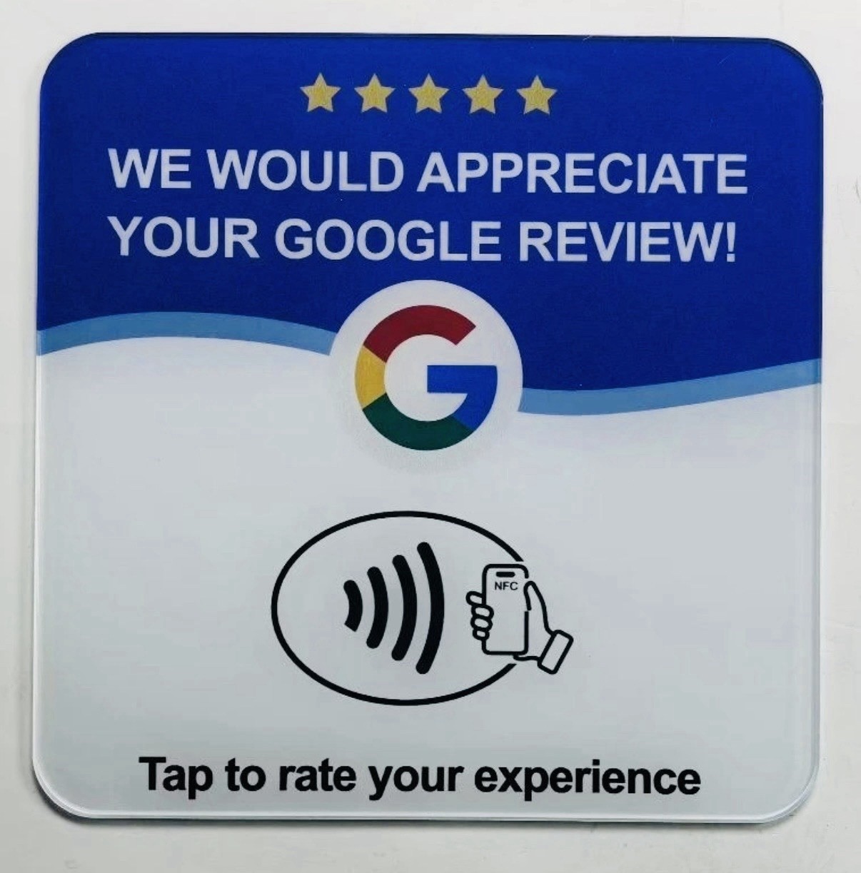 NFC Google Review Acrylic Plate Tap Scan White 4.72″ 3m Back QTY AVAILABLE