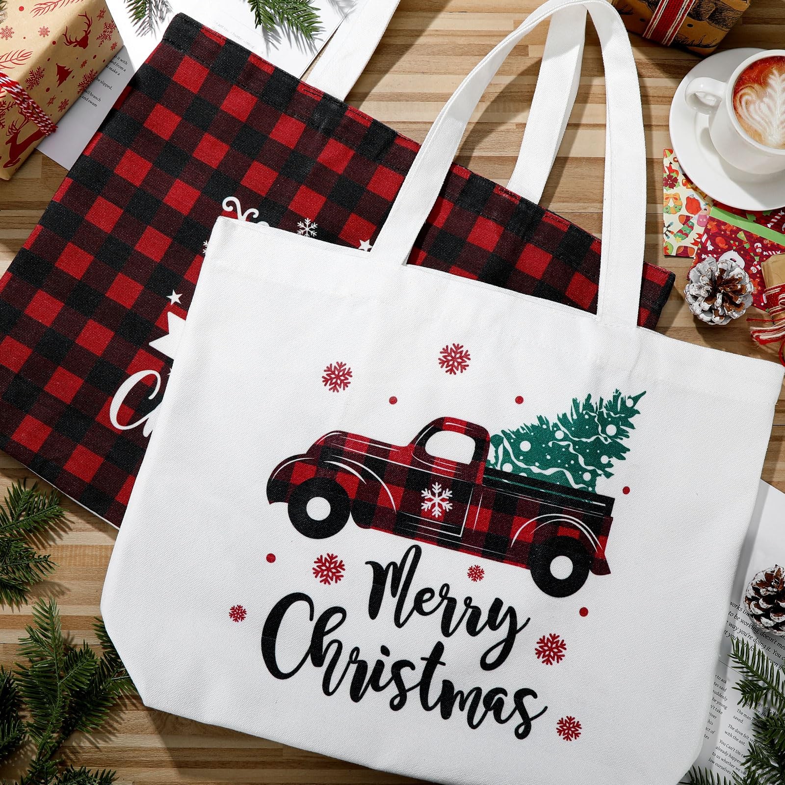 Bencailor 2 Pcs Christmas Canvas Tote Bags Classic Christmas, Red and Black