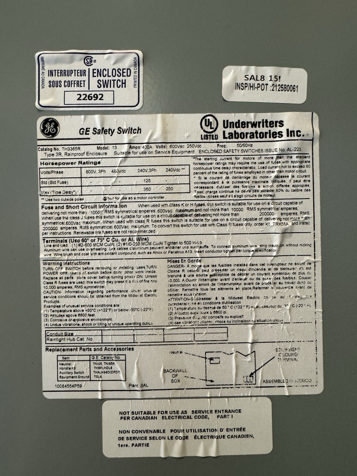 TH3365R GE 400 Amp 600V 3 Pole Fusible Nema 3R Outdoor Rated Disconnect Switch