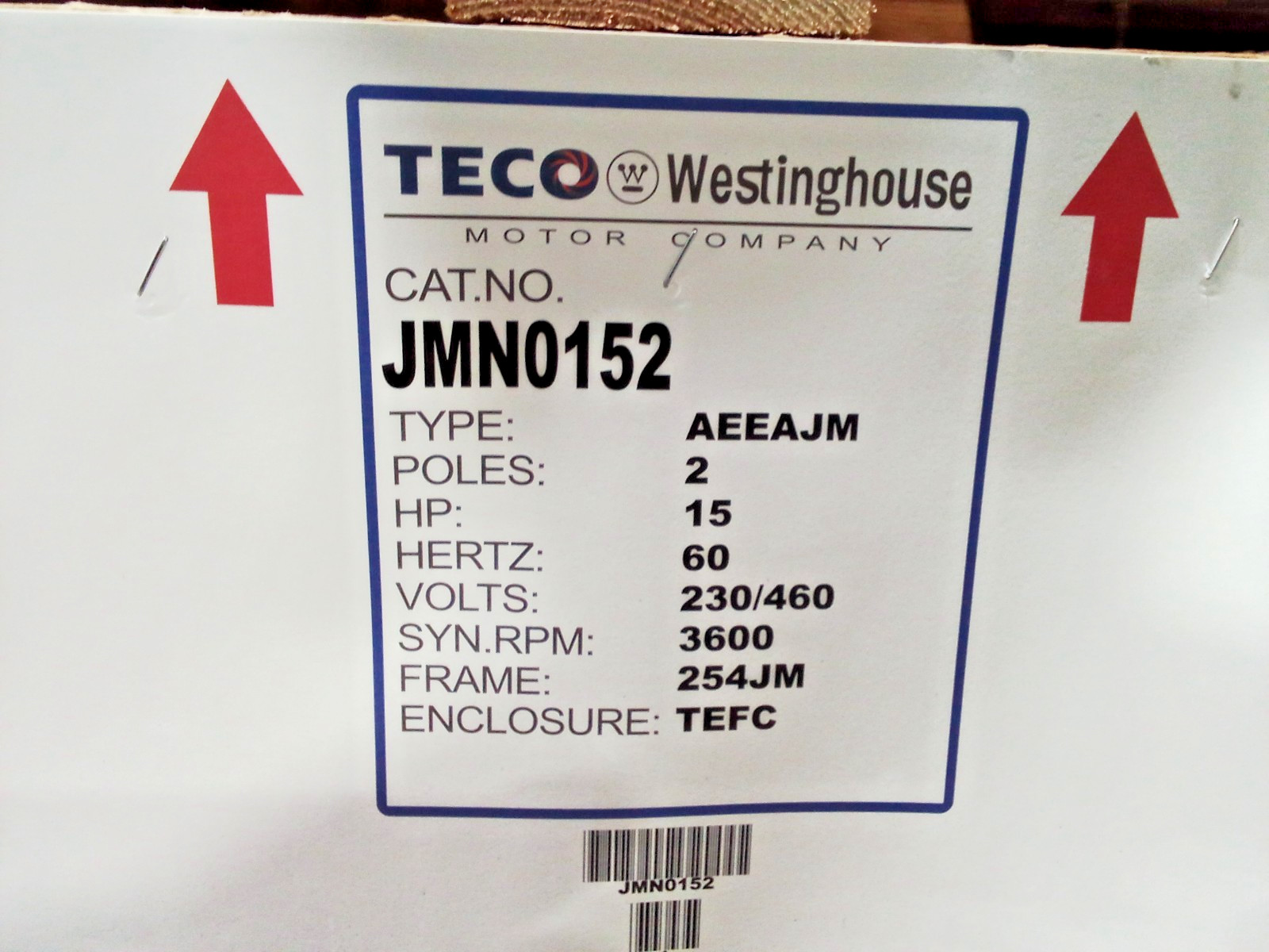 TECO-WESTINGHOUSE 15 HP, 1800 RPM, 230/460V, 254T, TEFC MOTOR