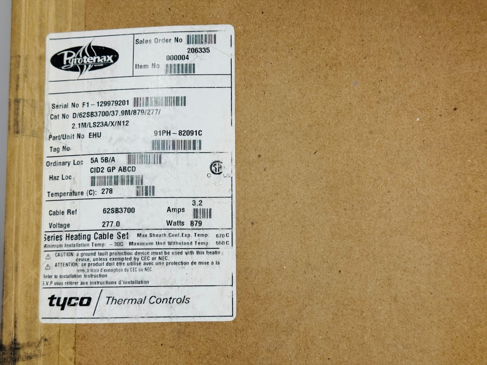 Pyrotenax D/62SB3700/37.9M/879/277/2.1M/LS23A/X/N12 Heating Cable 879 Watts