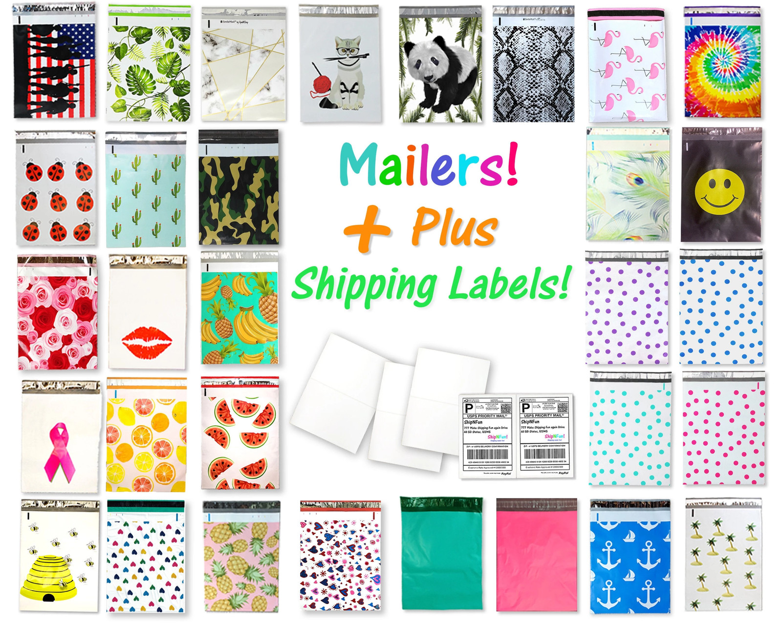 100 Pack, 50 10×13″ Flat Poly Mailers , 50 8.5×11 Blank Shipping Labels Combo