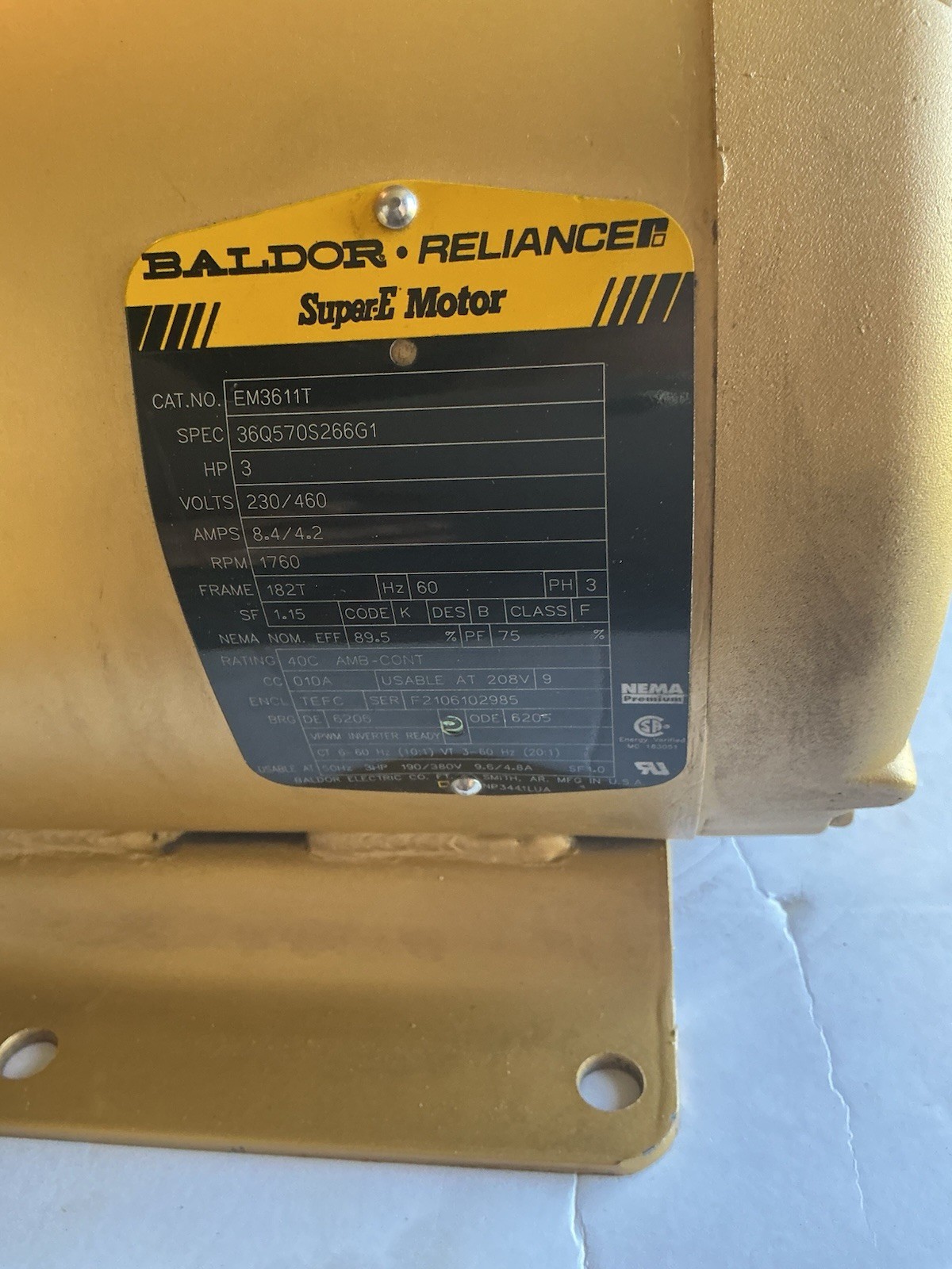 BALDOR-RELIANCE # EM3611T /3HP,230/460 3PH,1760 RPM, 182T FRAME, SUPER-E MOTOR.