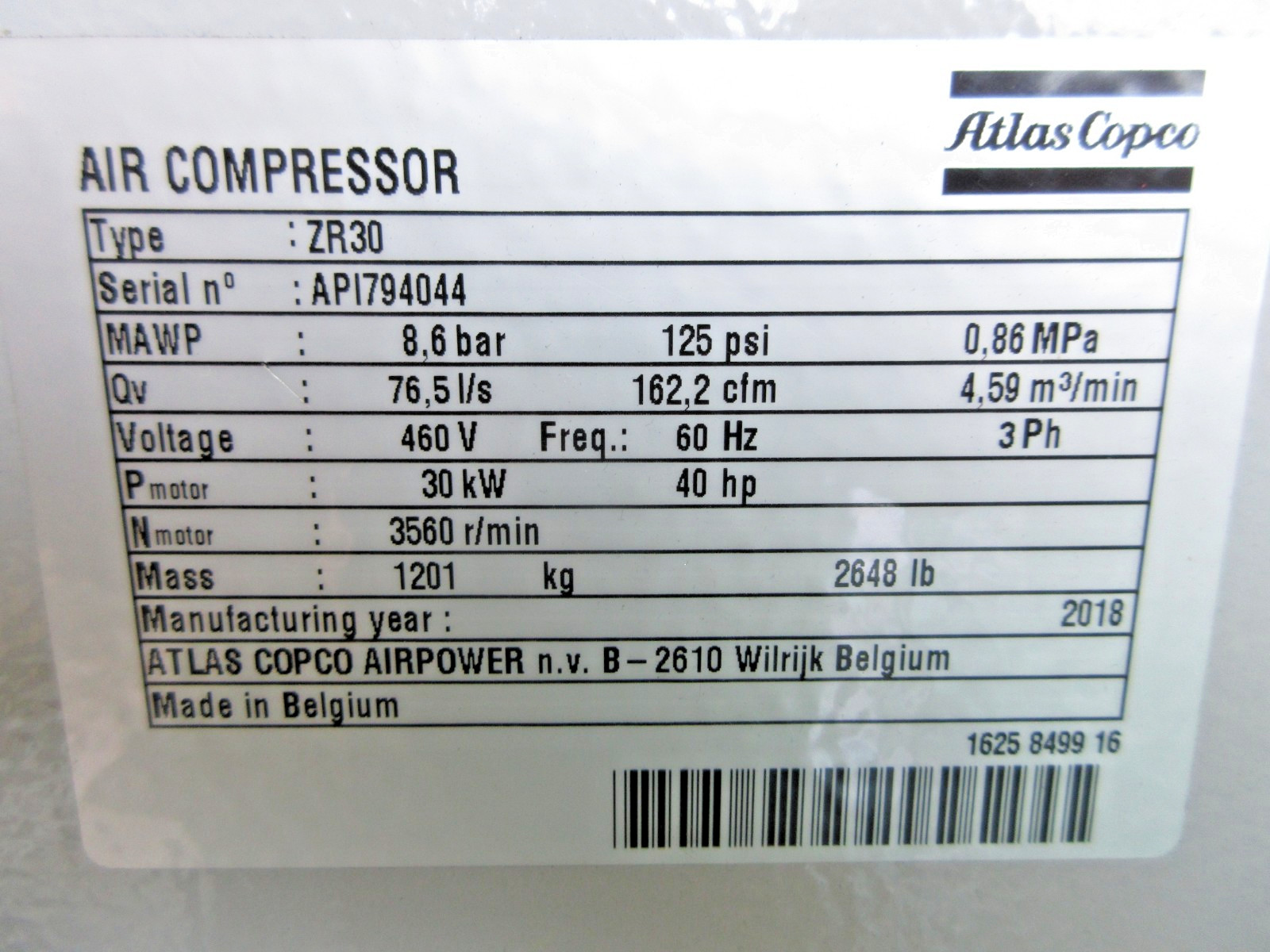 2018 Atlas Copco ZR30 40 HP Rotary Air Compressor 460/60/3PH Used