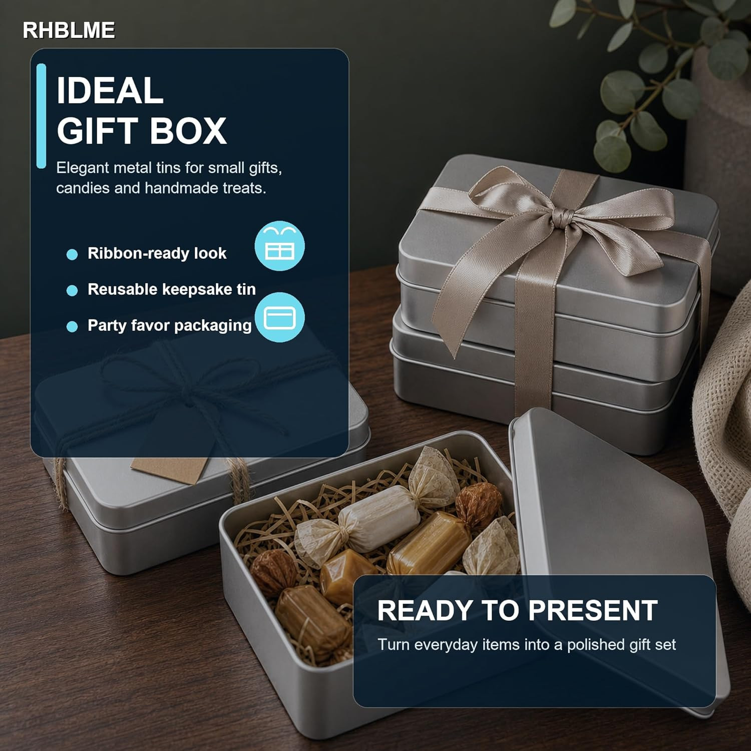 RHBLME 12 Pack Rectangular Tin Boxes with Lids, 4.9 X 3.6 X 1.8 Inch Empty Metal