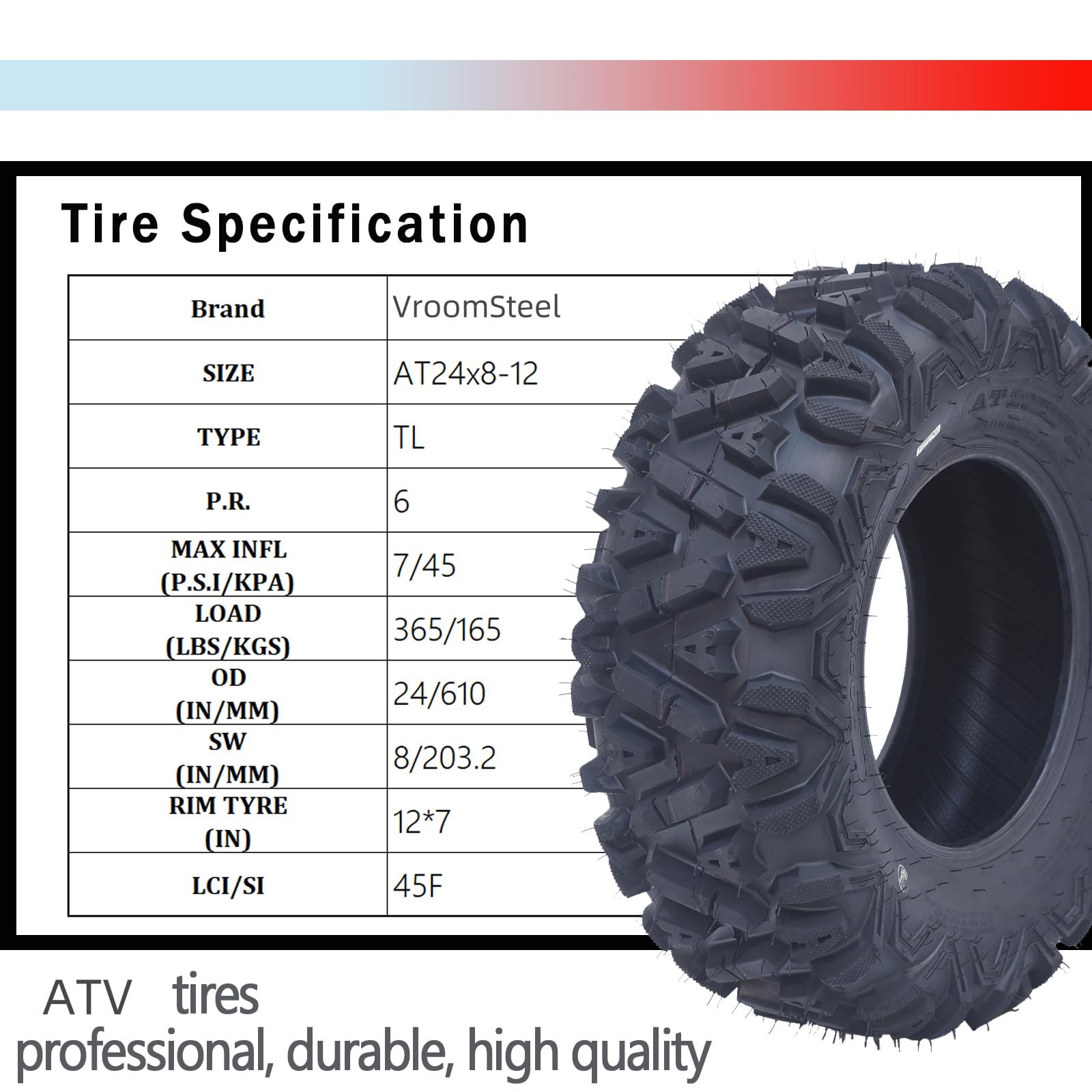 24×8-12 ATV UTV Tires Set of 2 6PR All-Terrain Off-Road Tubeless