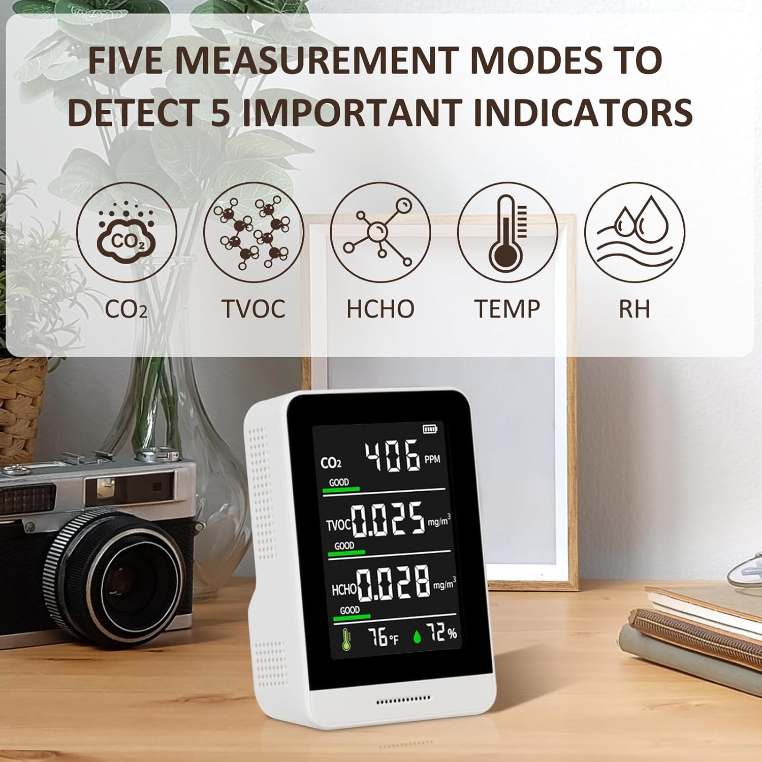 5-in-1 Air Quality Monitor Indoor for CO2/HCHO/TVOC/Temp/Hum, Portable Real-time
