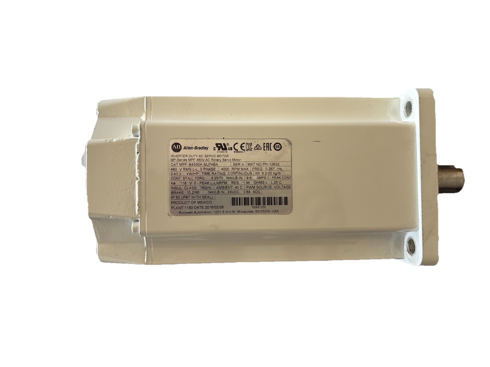 Allen Bradley USED MPF-B4530K-MJ74BA Servo Motor. MPFB4530KMJ74BA
