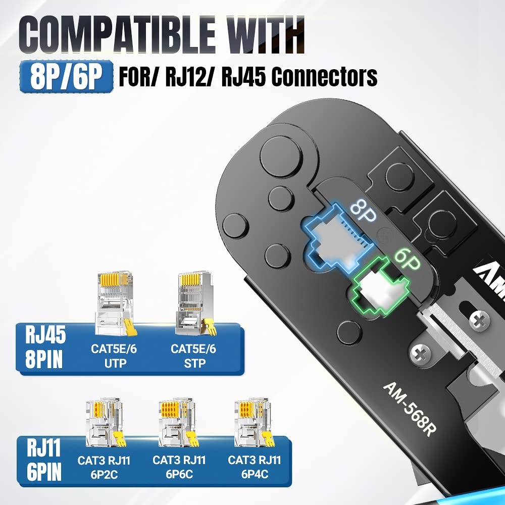RJ45 Crimping Tool, 8P/6P-RJ11, RJ12 Crimper Cutter Stripper AM-568R