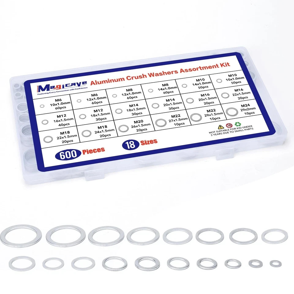 600 Pcs Aluminum Crush Washer Assortment Kit – 18 Sizes Oil Drain Plug Gasket As