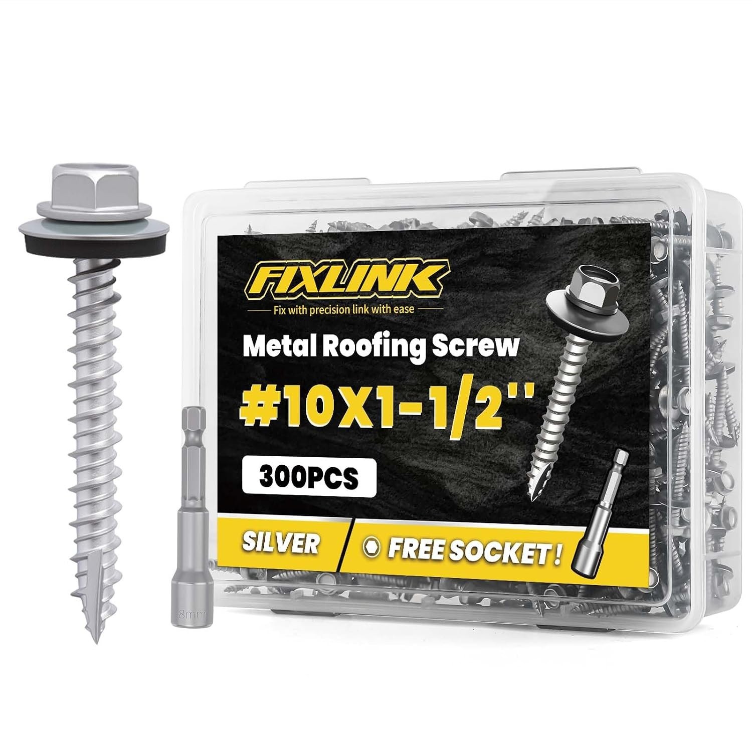 Metal Roofing Screws #10 x 1-1/2″ 300PCS Hex Head Rubber Washer Silver