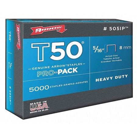 Arrow Fastener 505Ip Heavy Duty Staples, T50, 18 Ga, Flat Crown, 5/16 In Leg L,