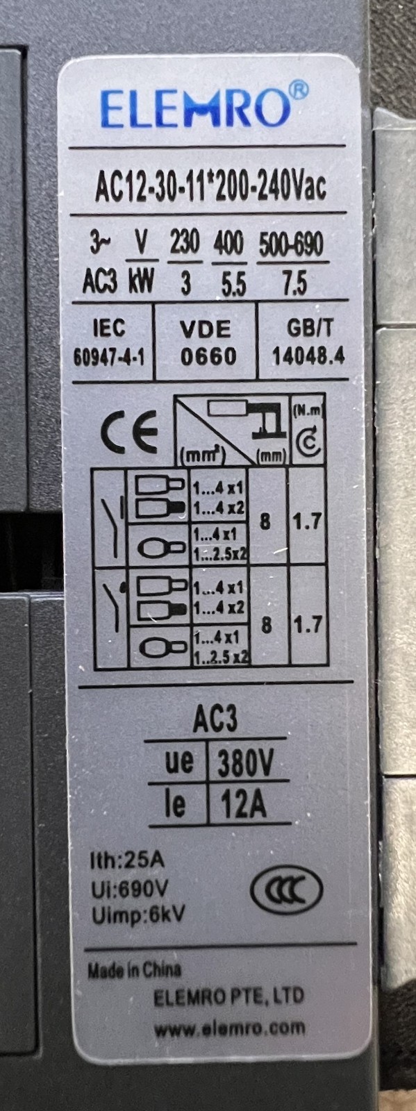 NEW AC50-30-11 *200-240V Contactor 50A 22KW/400V Elemro Schutz 3‑pole