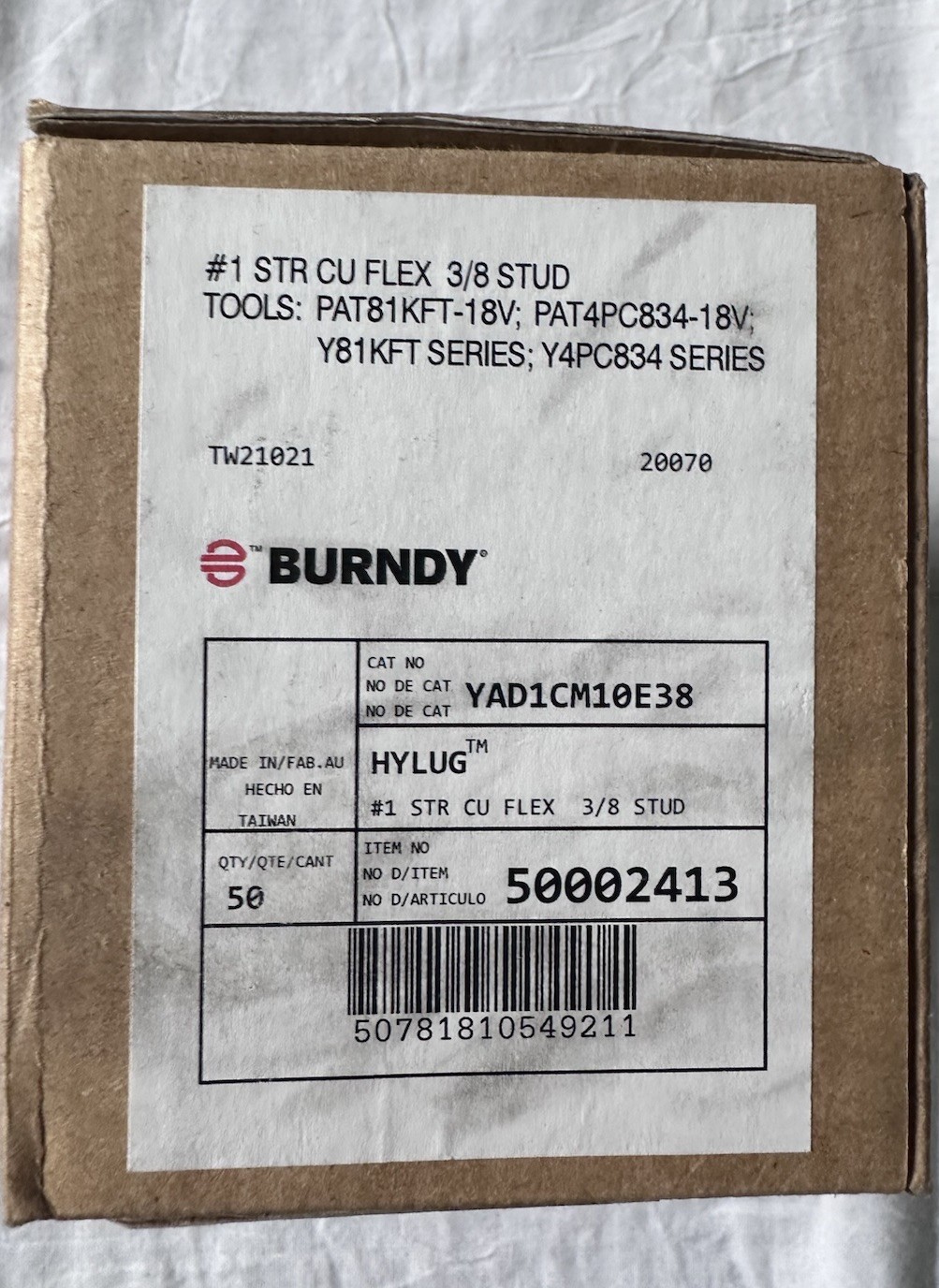 BURNDY YAD1CM10E38 Ring Terminal,Bare,#1 AWG,Box Of 50