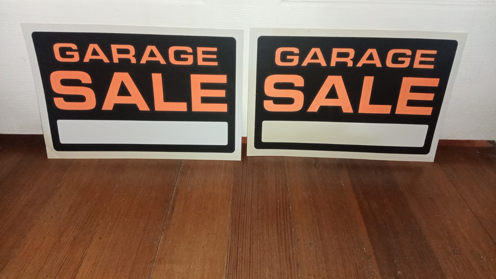 Lot Of 2 12″ X 8″ Black White Orange GARAGE SALE Signs (AGED AND YELLOWING)