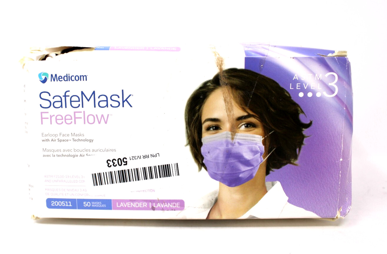 Medicom 2072 SafeMask Free Flow Series ASTM Level 3 Mask Lavender 50/Damaged BX