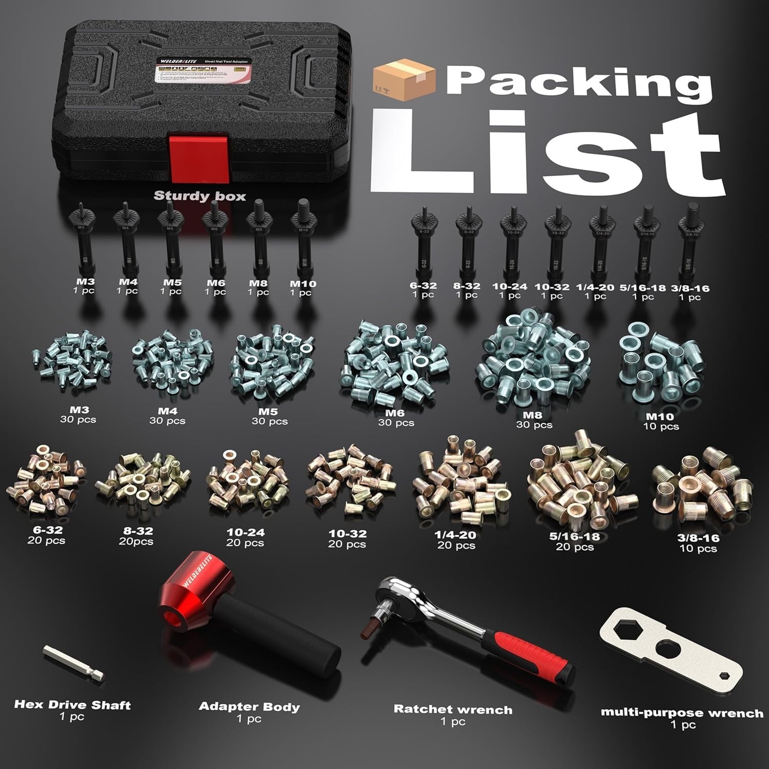Rivet Nut Drill Adaptor Tool Kit Includes 290 Rivet Nuts and 13 Mandrels