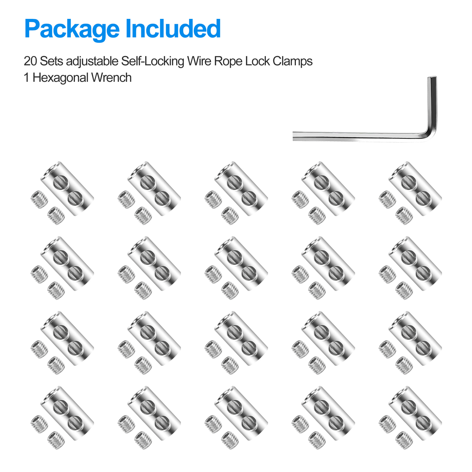 20pcs Double Wire Rope Clips Set Cable Clamps for 1-2.5mm Cable, Silver