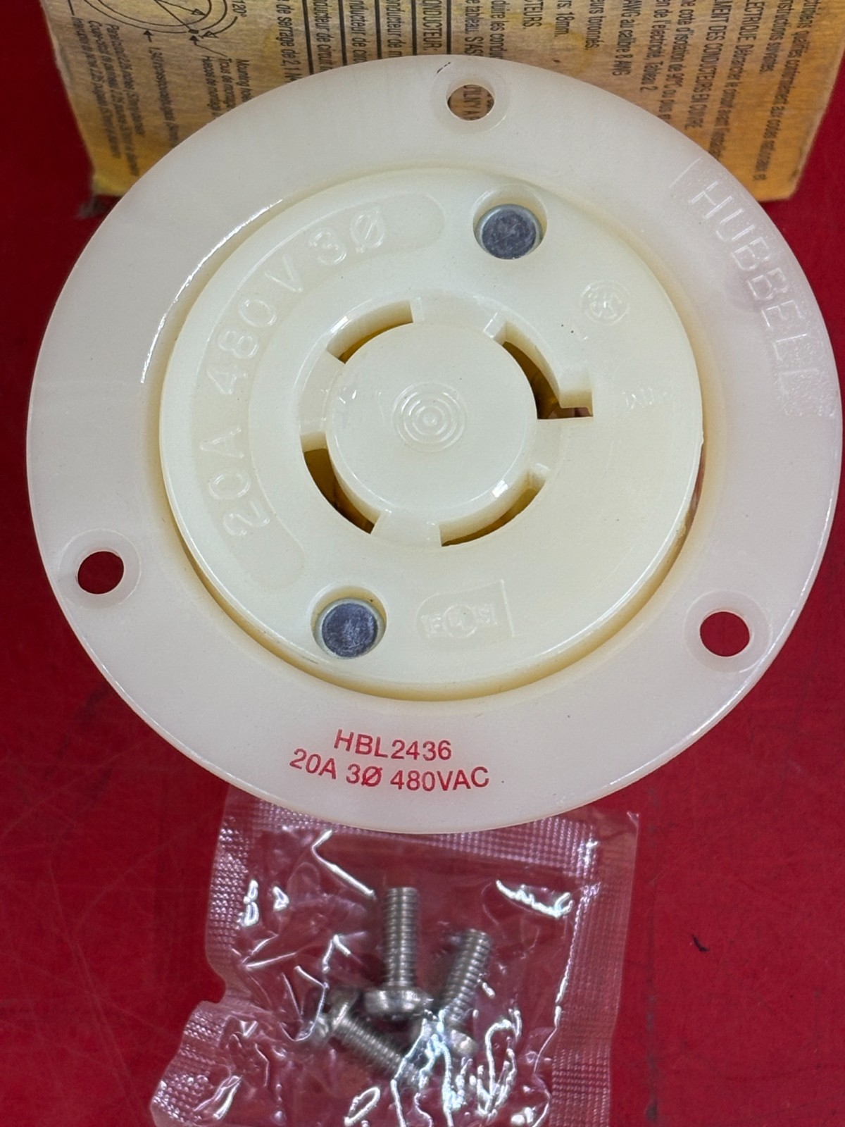 NEW HUBBELL HBL2436 TWIST-LOCK FLANGED RECEPTACLE 20A 3 PHASE 480V 3P4W GROUND