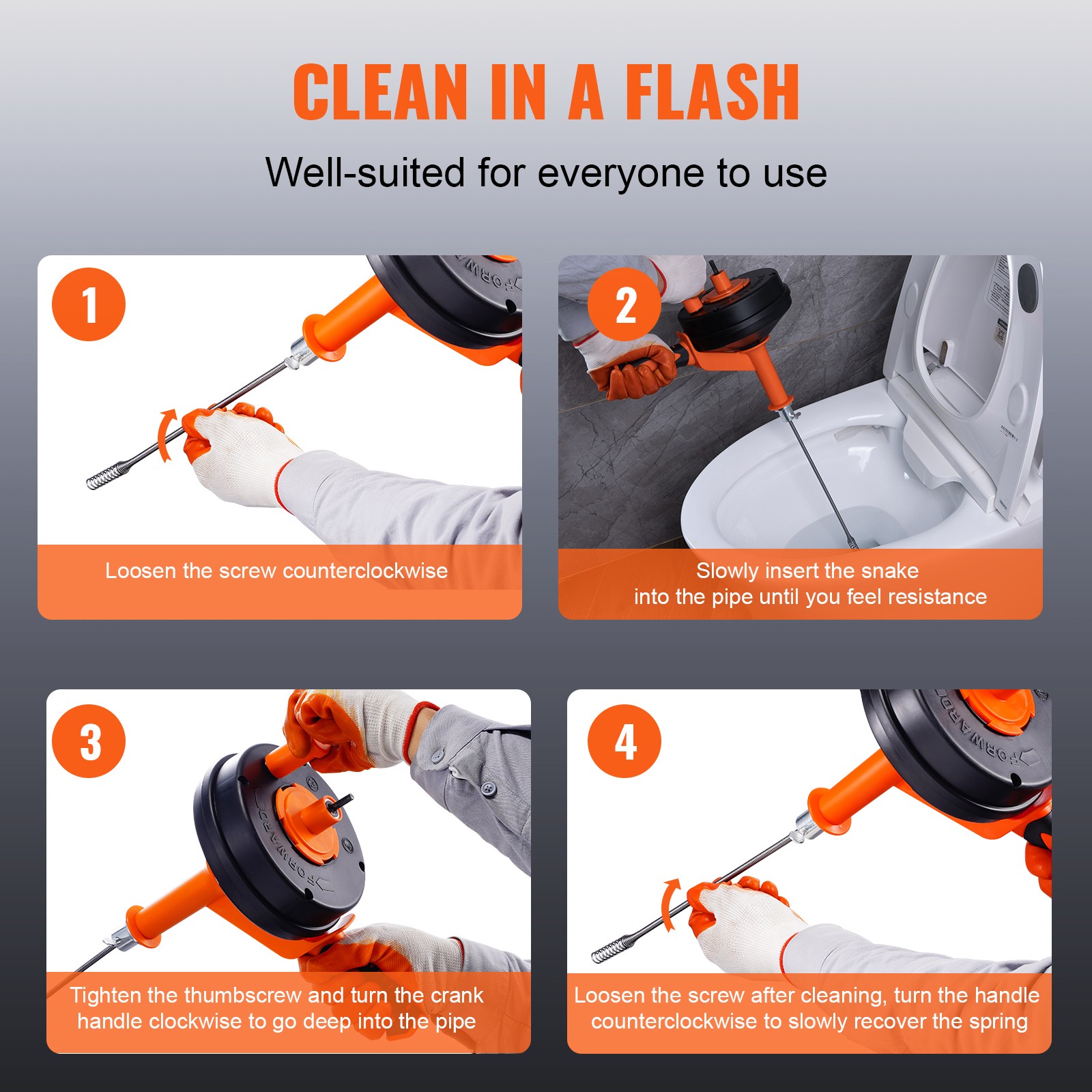 VEVOR Drain Clean 25ft 1/4″ Drum Plumbing Drain Snake Clog Remover Manual-feed