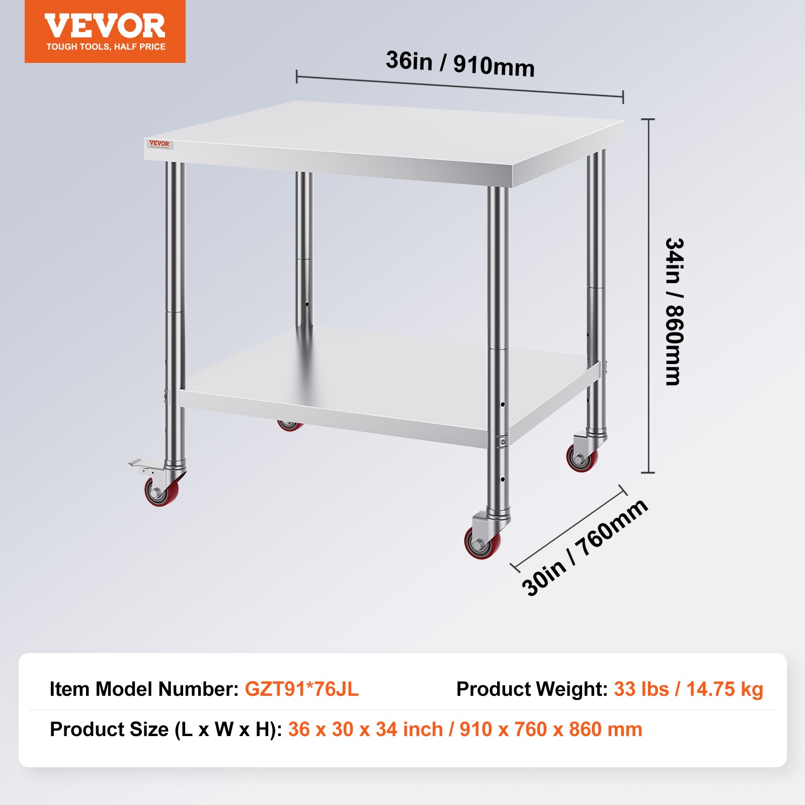 VEVOR Stainless Steel Work Table Commercial Prep Table 36×30 Inch With 4 Casters