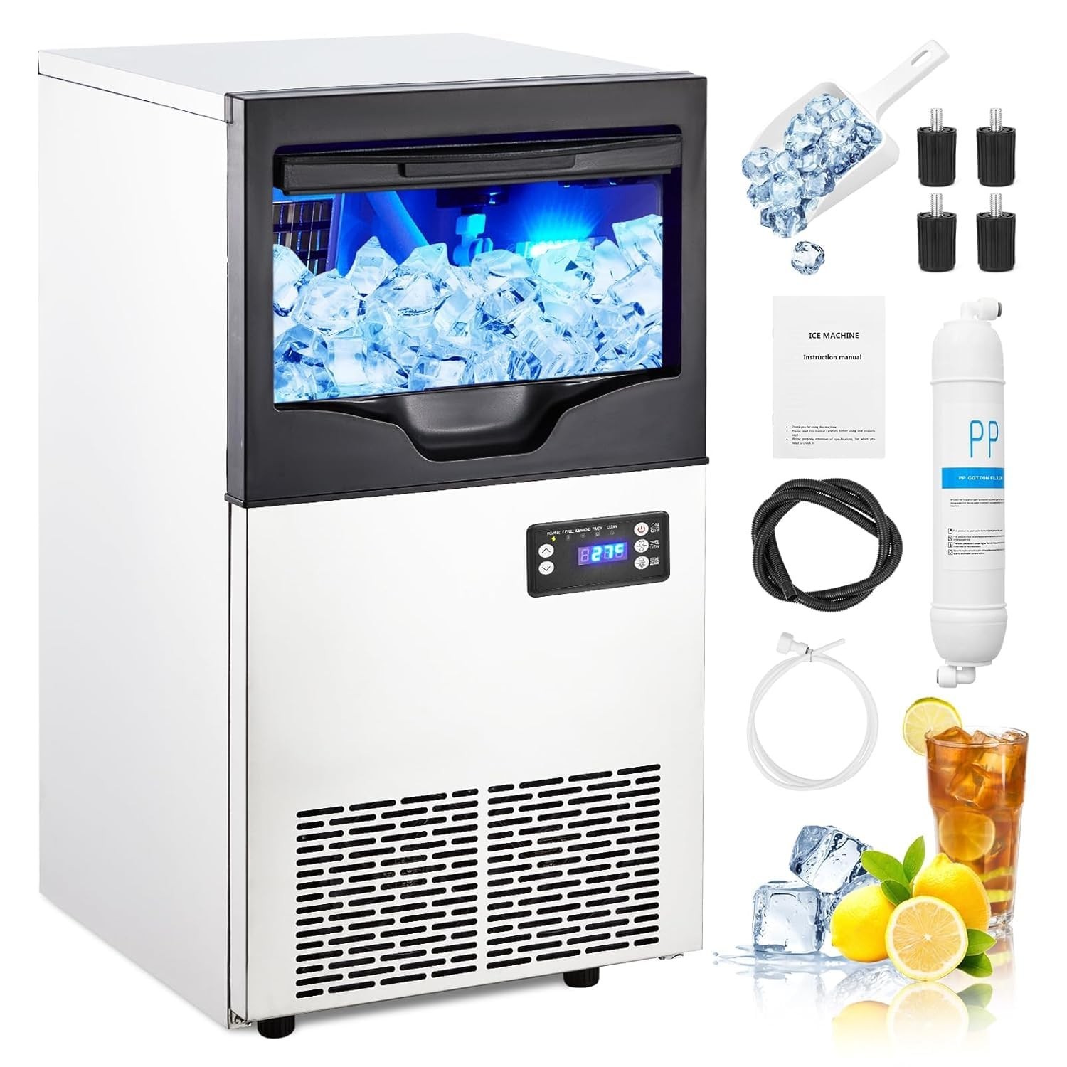 100LBS 24H Commercial Ice Maker Stainless Steel Ice Machine with 33LBS Bin