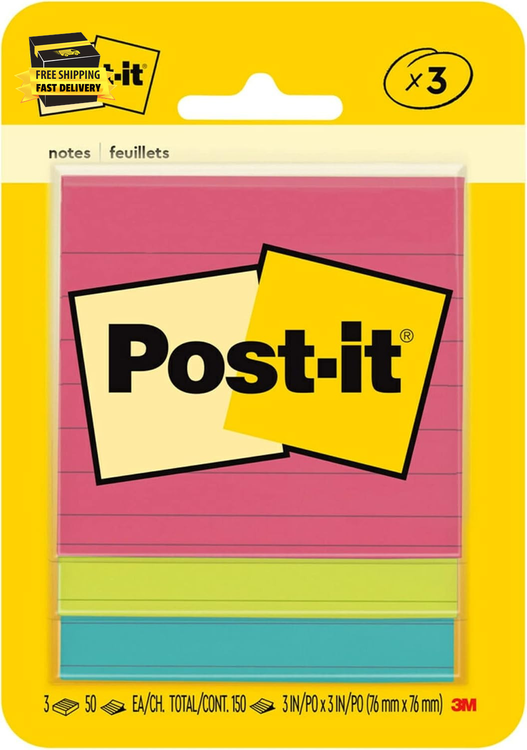Post-It Notes, 3 X 3 In, Poptimistic Collection, 3 Lined Pads | School Supplies