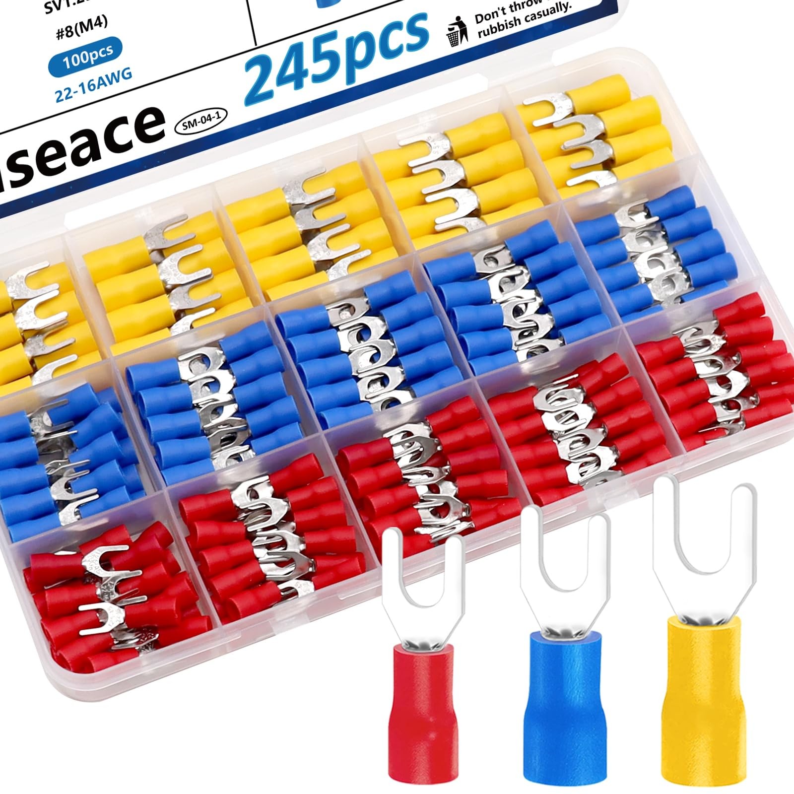 smseace 245Pcs #8 Fork Spade Connectors 22-16/16-14/12-10 #8, multicoloured