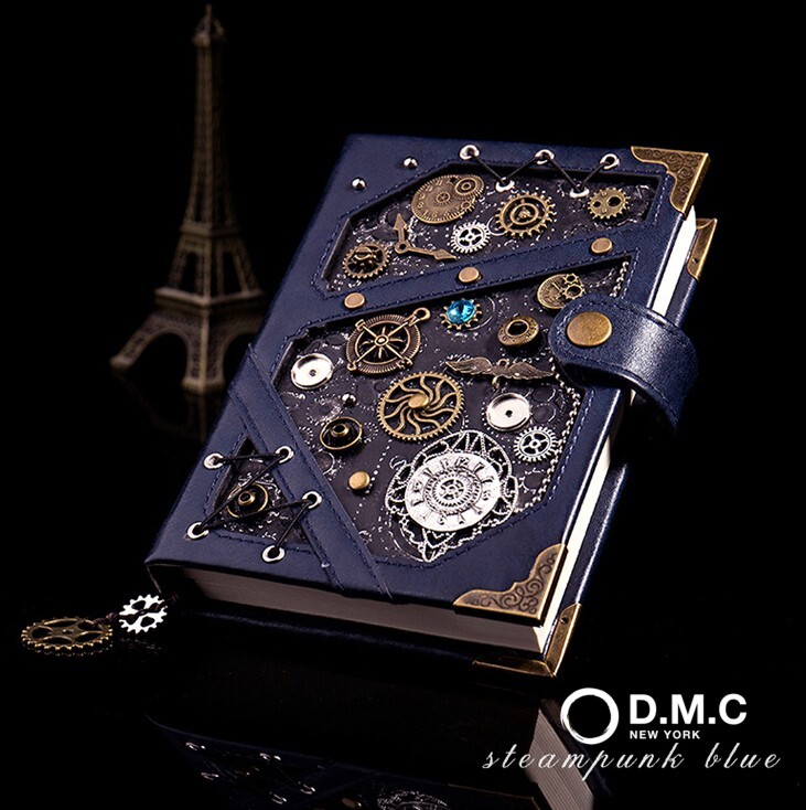 Handmade Steampunk Notebook Leather Journal with customized bookmark and stamp