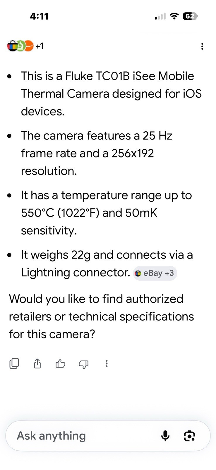 Fluke TC01B-25HZ iSee Mobile Thermal Imager for iOS, 25 Hz, Lightning