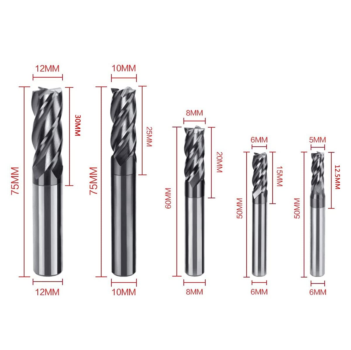 8pcs 2-12mm CNC Square Nose End Mills,Carbide Tungsten Steel 4 Fultes Milling