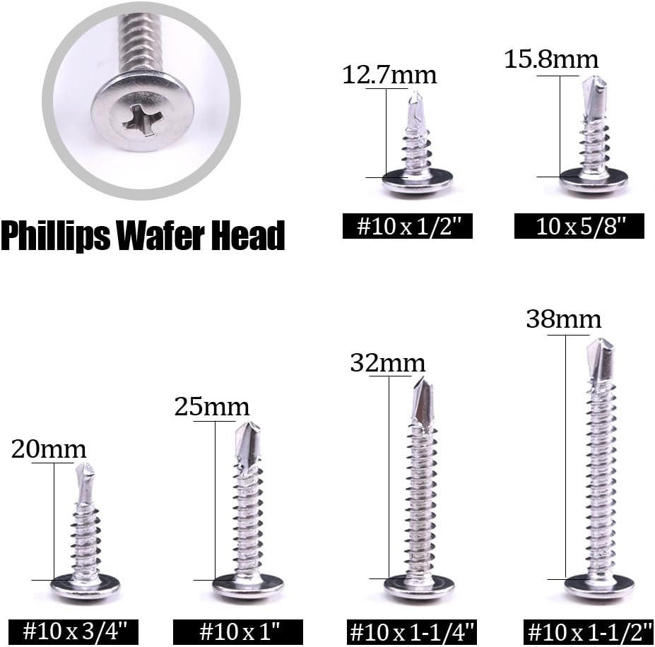 Hilitchi 410 Stainless Steel #10 Wafer Head Phillips Self Drilling Screws Sheet