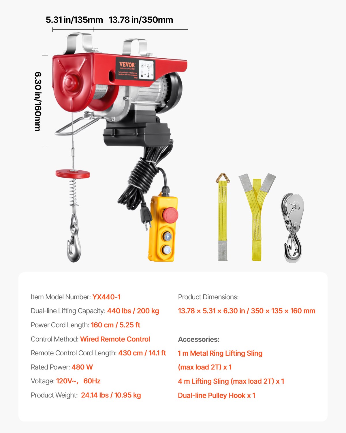 VEVOR Electric Hoist 440lbs Crane Winch with Wired Remote Control 480W 110V