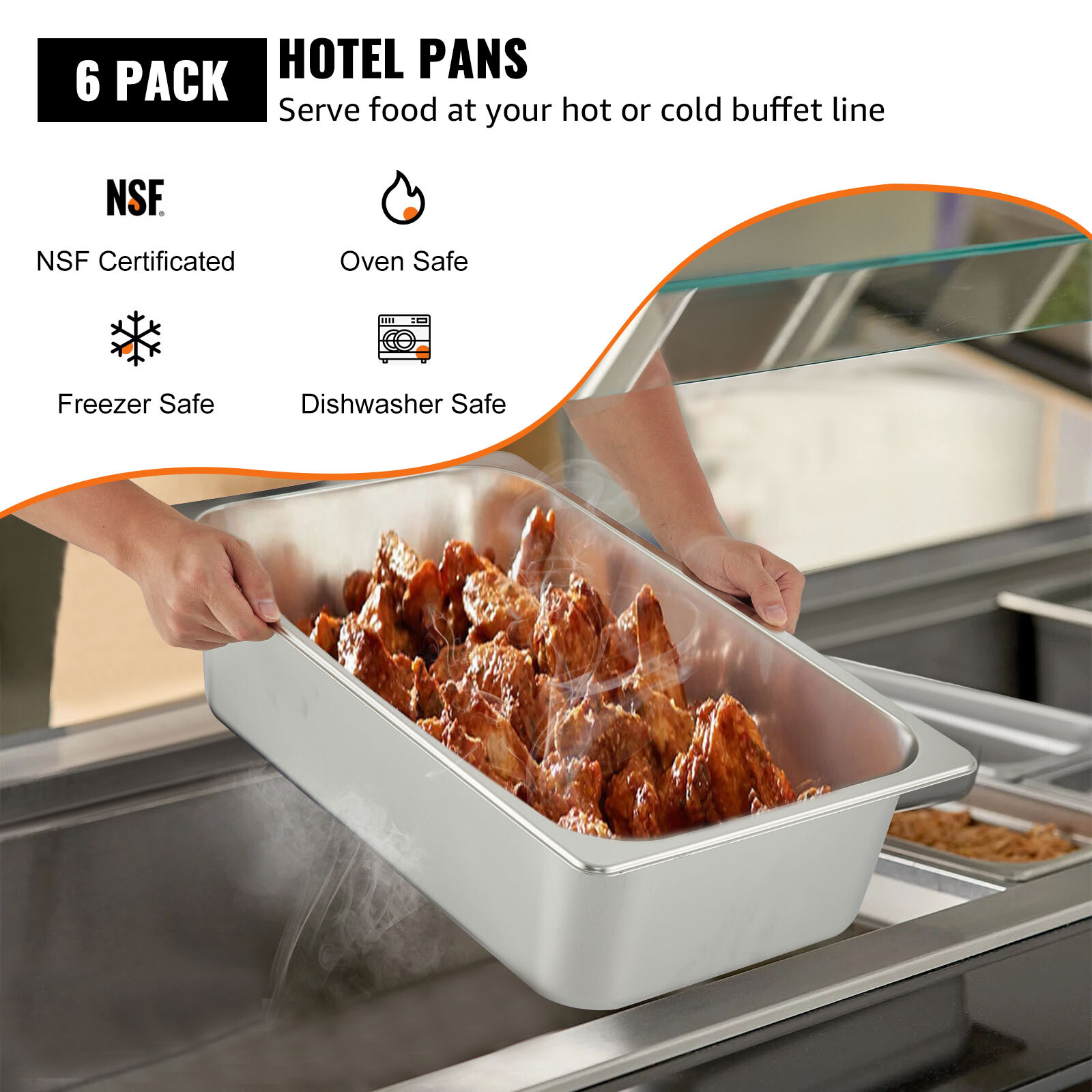 VEVOR 6 Pack 6″ Deep Stainless Steel Steam Table Pans Hotel Food Prep Pan