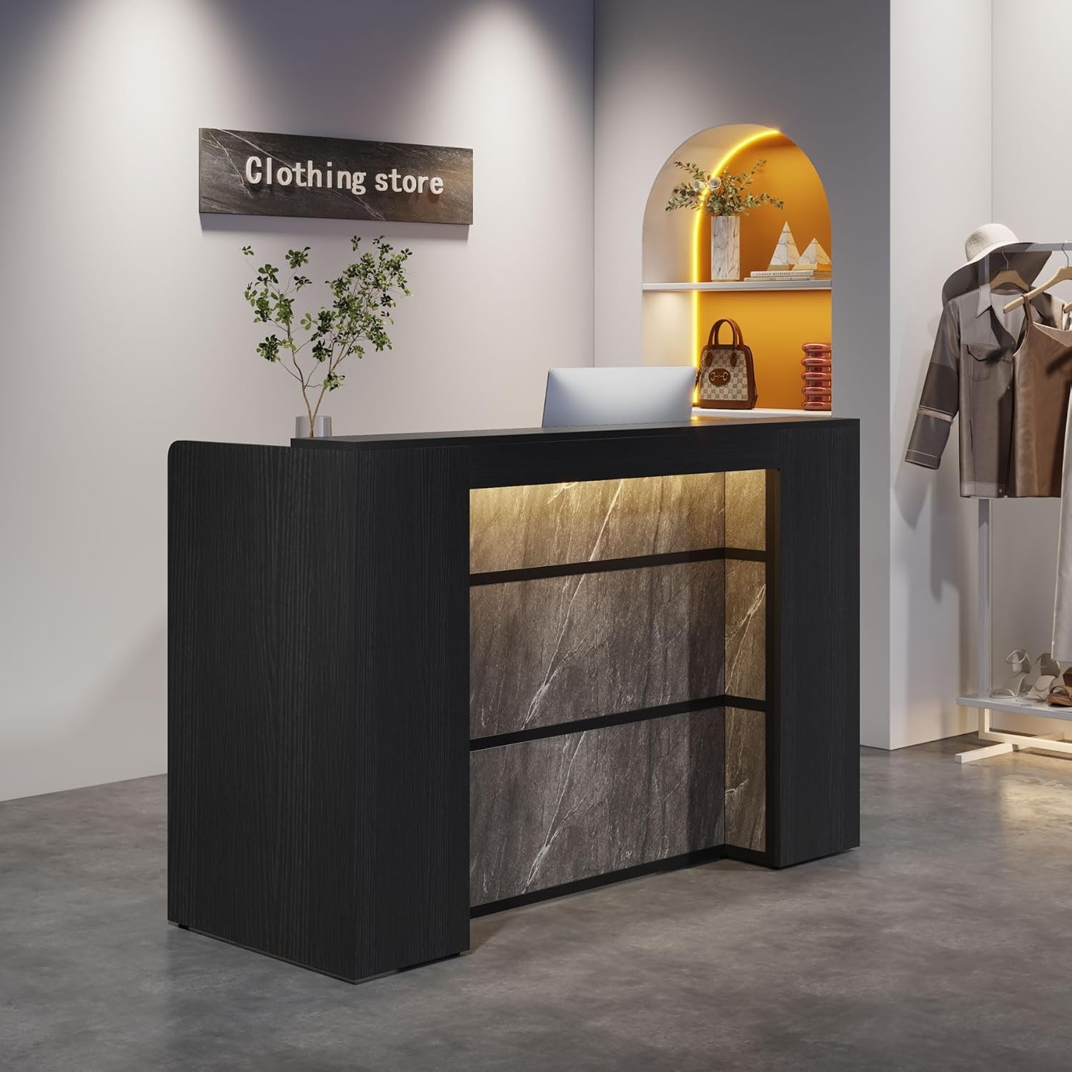Reception Desk with LED Lights, 63-Inch Front Counter Desk for Checkout, Lobby